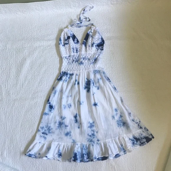 Blanco Dresses | Blanco Tie Dye White Blue Crochet Detail Halter Dress Size Small | Color: Blue/White | Size: S | Classyboutique1'S Closet